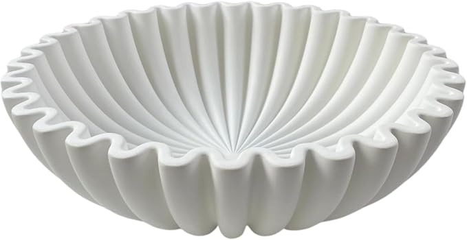 10 Inch Scalloped Ruffle Hand Poured Concrete Decorative Fruit Bowl Beige | Solid concrete wabi sabi centerpiece bowl for kitchen counter, entryway key storage & coffee table decor