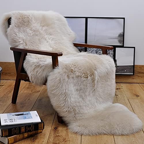 HUAHOO Premium Genuine Sheepskin Rug Linen Real Australia Sheepskin Natural Luxury Fluffy Lambskin Fur Area Rug Seat Covers for Kids Bedroom Sofa Chair Cover Pets Dogs Mat Double Pelt/2' x 6' Linen