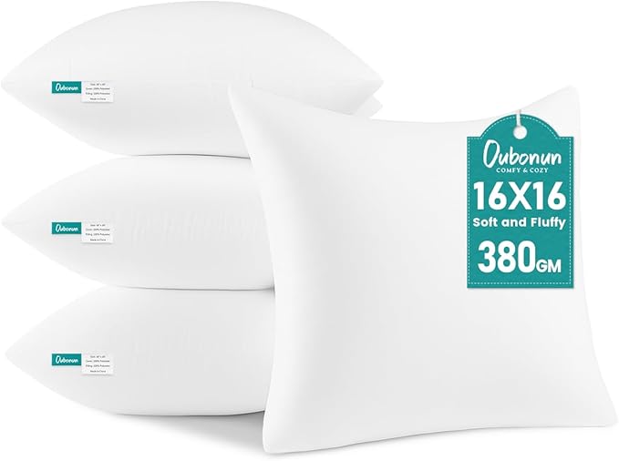 Oubonun 16 x 16 Throw Pillow Inserts - Soft, Plush & Decorative Down Alternative Pillows for Couch Sofa Bed, Machine Washable - White, Pack of 4