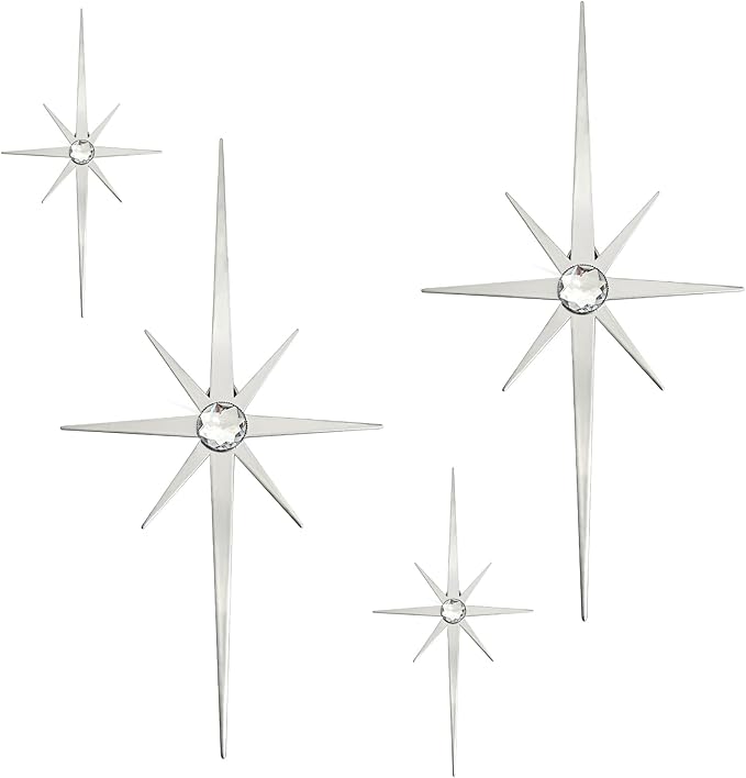 4 Pack Metal Star Wall Art 8 Pointed Starburst Wall Decor Set with 2 Large & 2 Small Pieces Mid Century Celestial Metal Wall Sculpture for Bedroom Living Room Office Gallery Wall