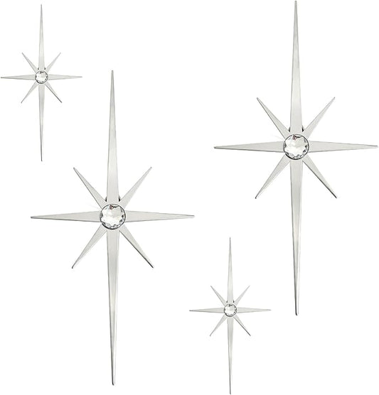 4 Pack Metal Star Wall Art 8 Pointed Starburst Wall Decor Set with 2 Large & 2 Small Pieces Mid Century Celestial Metal Wall Sculpture for Bedroom Living Room Office Gallery Wall