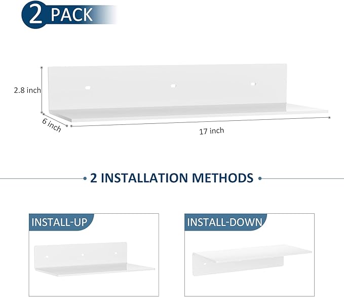 Sezanrpt 17 Inches Acrylic Wall Shelves 2 Pack, Floating Shelf for Wall Mounting, Acrylic Display Ledges for Funko Pop Figures, Home Décor, Living Room, Gaming Room, Plants(17 inch, White)
