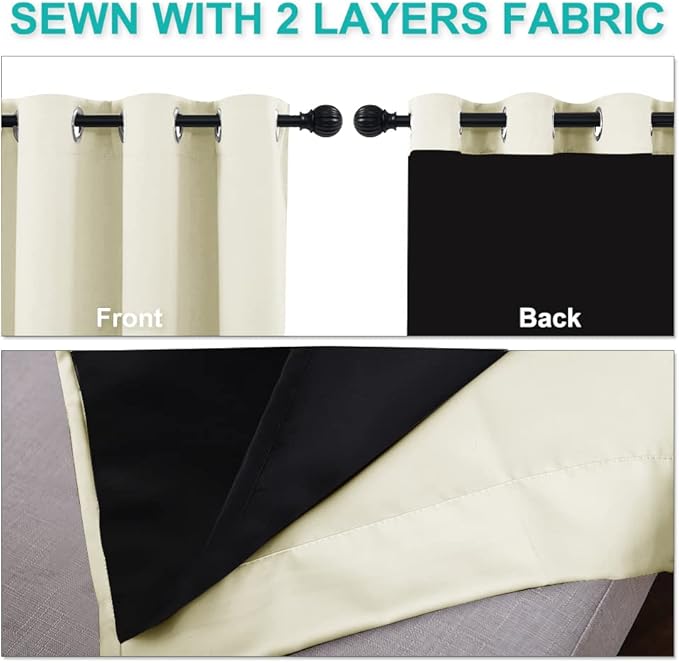 NICETOWN Living Room Completely Shaded Draperies, Privacy Protection & Noise Reducing Ring Top Drapes, Black Lined Insulated Window Treatment Curtain Panels (Beige, 2 Pieces, W62 x L72)