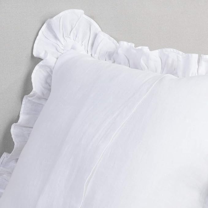 100% French Linen Throw Pillow Covers - Set of 2 - Washed Flax Decorative Ruffled Square Cushion Cover Solid Color Soft Breathable - White, 18'' x 18''