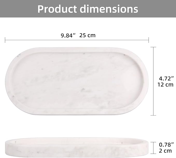 Natural Marble Tray Oval, Bathroom Vanity Tray for Countertop, Elegant Stone Decorative Organizer for Perfume, Jewelry, Home Decor (1, White, 10 x 5 x 0.6)