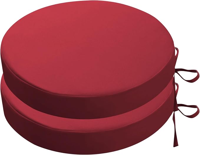SK Studio Round Outdoor Chair Cushions for Patio Furniture, Set of 2 Waterproof Patio Chair Cushion with Adjustable Ties for Garden Sofa Couch, Wine Red, 22"x22"x3"