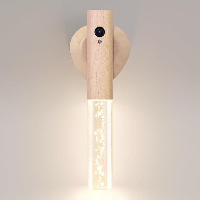 Motion Sensor Night Light Indoor, Rechargeable Night Light Wall Sconce Wooden Set of 1, Battery Powered Magnetic Wall Sconce Decor for Bedroom, Hallway, Bathroom, Stairway, Closet