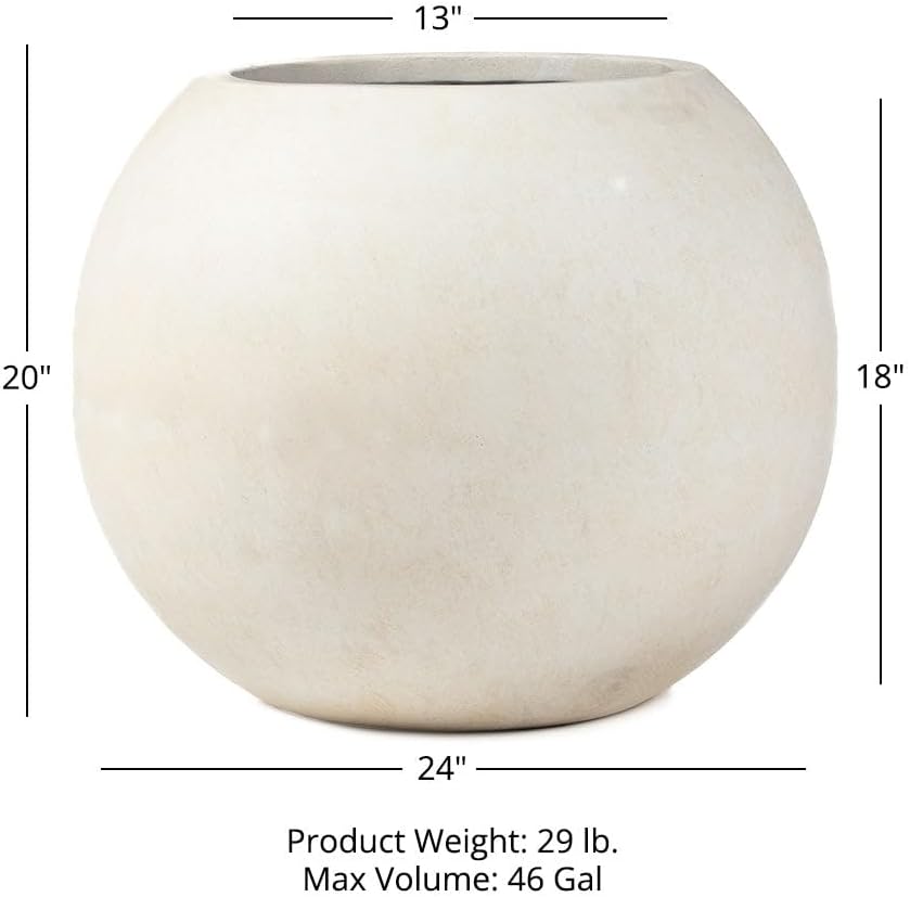 Ash & Ember Onyx 24" D Ceramic Indoor Outdoor Round Sphere Planter, Satin Ivory, Home Décor Evergreen Weather Resistant Modern Planter Pot, Seamless Herb & Seasonal Flower Garden Box