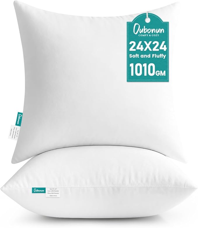 Oubonun 24 x 24 Throw Pillow Inserts - Soft, Plush & Decorative Down Alternative Pillows for Couch Sofa Bed, Machine Washable - White, Pack of 2
