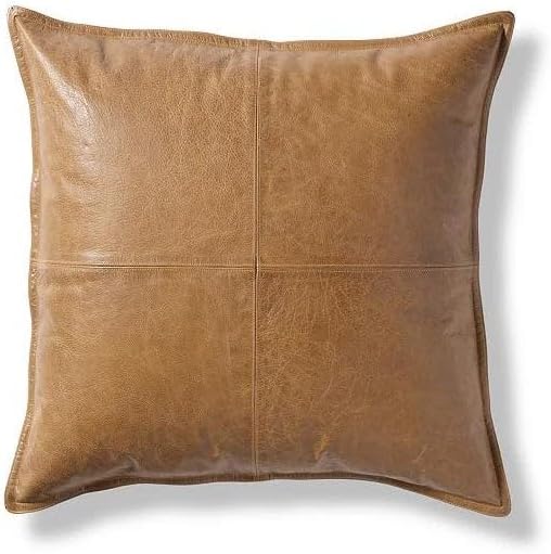 Genuine Leather Pillow Cover Case for Lumbar Throw Couch Pillows - Farmhouse Decorative Modern Sofa Thick & Soft Cushion Covers (Yellow, 22" x 22")