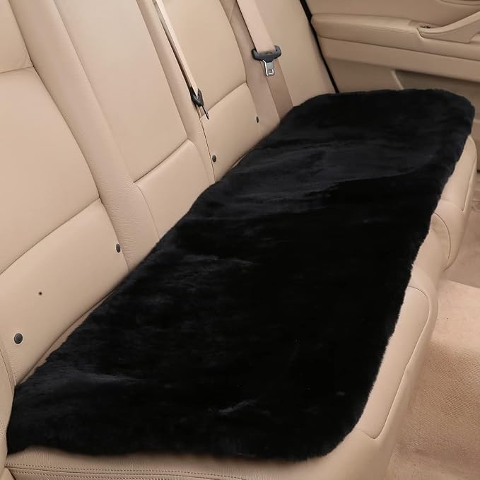 OGLAND Fuzzy Genuine Sheepskin Car Rear Seat Cover for Kids Dogs Pets Auto Bench Back Cushion Interior Accessories with Soft Fluffy Wool Natural Fur, Black