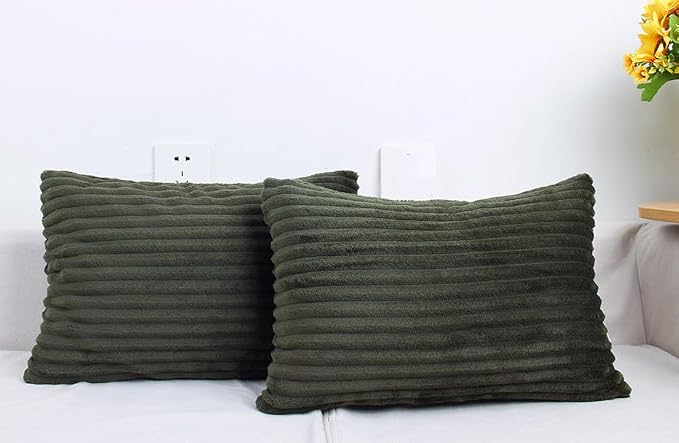 TangDepot Velvet Big Corduroy Pillow Covers 12x20 Dark Green 2-Pack | Soft wide-stripe corduroy pillow cover, hidden zipper, machine washable, easy refresh, for bedroom living room indoor outdoor