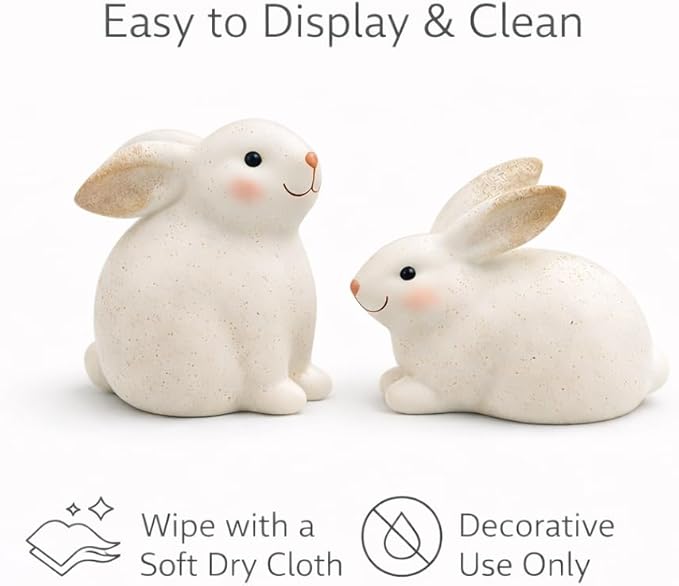 GoGnome Set of 2 Resin Easter Bunny Figurines – Speckled Ivory Rabbit Decor, Hand-Painted Spring Home Accents for Shelf, Mantel & Tabletop Easter Decoration Indoor (Off White)