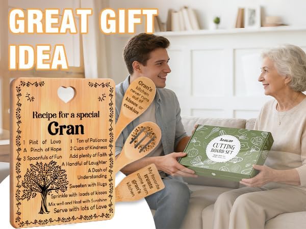 Gran Gifts - "Recipe for a Special Gran" Gran Gifts for Grandma Cutting Board Set, Bamboo-Made Engraved Utensil Set Gifts for Gran Cutting Board, Mothers Day Gifts for Gran.