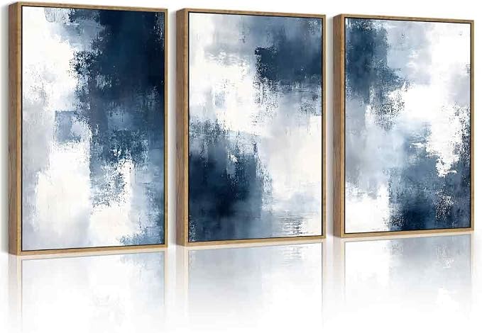 PHOPAGO Navy Blue and Gray Abstract Framed Wall Art Brush Strokes Pastel Wall Decor Modern Minimalist Art Paints for Bedroom Laundry Living Room - 12x16in Natural Framed