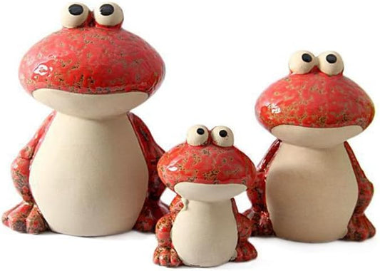 Frog Garden Decor Set of 3,Funny Cute Ceramic Frog Garden Statues Yard Decoration Outdoor Holiday Decorations,Ideal Ornament for Outside Pond Pool Patio Front Porch Backyard (Red)