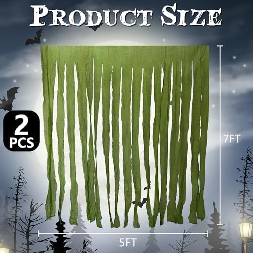 RunNico 2Pcs 85" x 60" Large Halloween Door Curtain Decoration, Green Gauze Doorway Curtain, Creepy Cloth Strip Drape for Halloween Horror Theme Party Haunted House Costume Decor