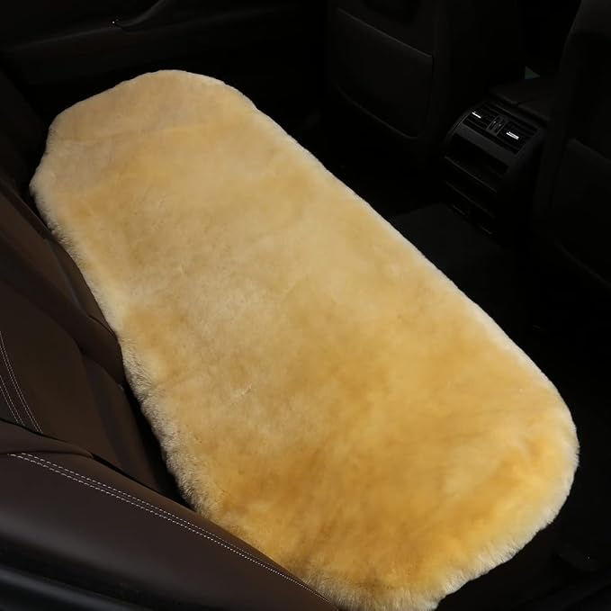 OGLAND Fuzzy Genuine Sheepskin Car Rear Seat Cover for Kids Dogs Pets Auto Bench Back Cushion Interior Accessories with Soft Fluffy Wool Natural Fur, Golden Yellow