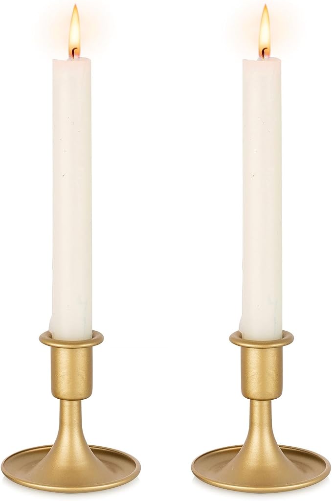 Gold Taper Candle Holder Vintage: Small Candle Sticks Holder Decor Brass Candlestick Holders for Home Dinning Table Wedding Centerpiece Holiday Party Chrismas Mantel Set of 2