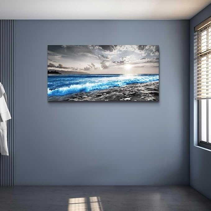 hyidecorart Large Wall Decor For Living Room Canvas Wall Art For Office Bedroom Decorations Blue Ocean Wave Wall Painting Black and White Beach Pictures Artwork Modern Mural Home Decor