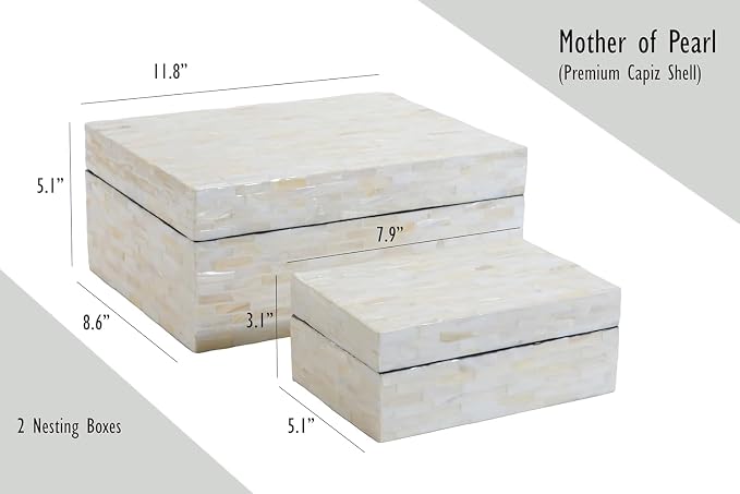 PEMAR Set of 2 Handmade Mother of Pearl Decorative Boxes with Hinged Lids, Ivory Shell Mosaic Keepsake Boxes, White Decorative Boxes for Coffee Table, Shelves, Bedroom & Home Décor & Gifts