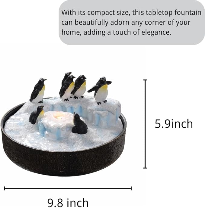 Tolevoit Tabletop Water Fountain Penguins Resin Statue, Vivacious Style Feature Decoration Indoor Waterfall Fountains with LED Lights Fit Office, Night-Table Home Decor