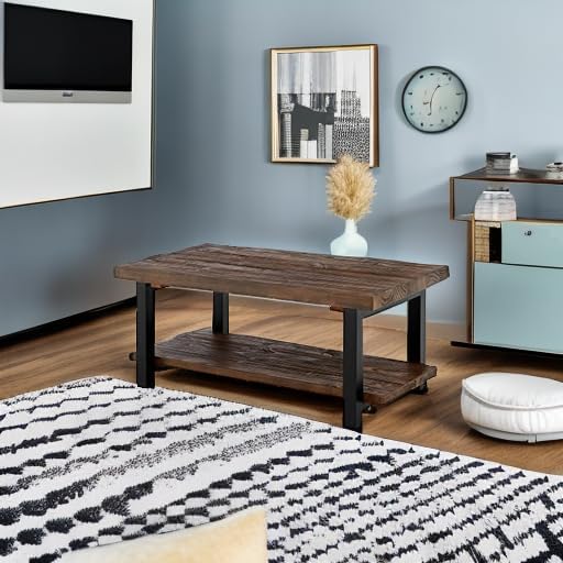 Alaterre Furniture Pomona Rustic Coffee Table with Storage Shelf - 42-Inch Industrial Modern Metal and Solid Wood Living Room Table - Easy Assembly Farmhouse Living Room Furniture (Rustic Natural) | Rectangular Center Table with Storage Shelf and Metal...