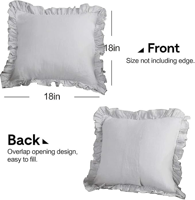 100% French Linen Throw Pillow Covers - Set of 2 - Washed Flax Decorative Ruffled Square Cushion Cover Solid Color Soft Breathable - Grey, 18'' x 18''