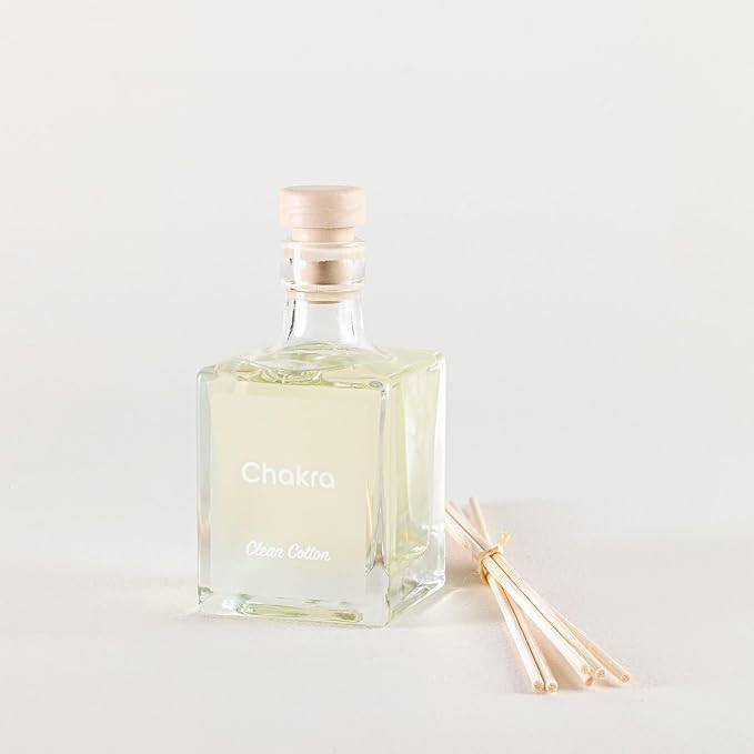 Chakra Reed Diffuser Set - Reed Diffusers for Home, Office and Living Spaces with Long-Lasting Fragrance, Scent Diffuser with Decorative Glass Bottle & Bamboo Sticks, 3.3 fl oz, Clean Cotton
