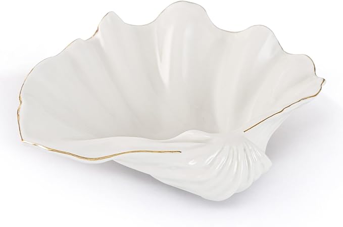 White Shell Decorative Bowl – 11" Clam Shell with Gold Rim, Coastal Centerpiece for Bathroom Vanity, Entryway, or Living Room, Jewelry Holder, Key Tray, Fruit Bowl, Beach House Decor