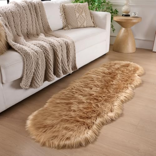 Faux Fur Sheepskin Runner Rug Brown 2x6 ft Ultra Soft Shaggy Plush Fluffy Fuzzy Area Carpet Decorative Chair Cover Floor Mat for Bedroom Sofa Living Room Bedside