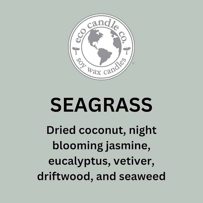 ECO CANDLE CO. Recycled Candle, Seagrass, 26 oz. - Scents of Coconut, Jasmine, Eucalyptus, Vetiver, Driftwood, & Seaweed - 100% Soy Wax, No Lead, Kraft Paper Label & Lid, Hand Made, Midwest Soybeans