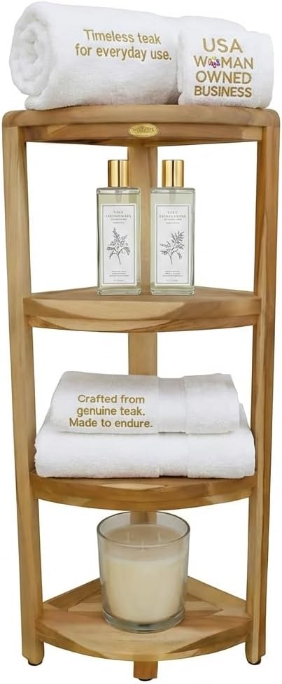 EcoDecors Corner Snazzy Corner Four Tier Natural Color Shelf Waterproof Teak Wood Shower Bench Stool Seat Chair For Inside Shower Provides Safety, Storage, and Organization For Bathroom Accessories
