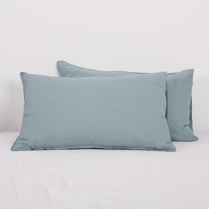 Simple&Opulence 100% Linen Pillowcases Basic Style Solid Color Set of 2, King Size Stone Washed Flax Pillow Cover Envelope Closure (20''x40'', Dusty Blue)