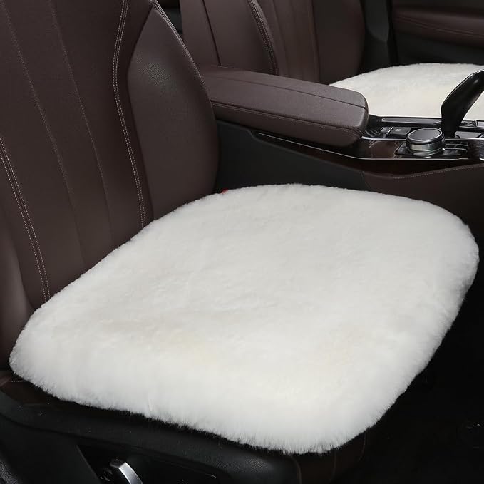 OGLAND Fuzzy Sheepskin Car Seat Cover | Luxury Comfortable Soft Cushion All Seasons | Auto Golf Cart Protection Pad for Pet Elderly Durable Long Drive Travel (White 1 Front Seat Cover)