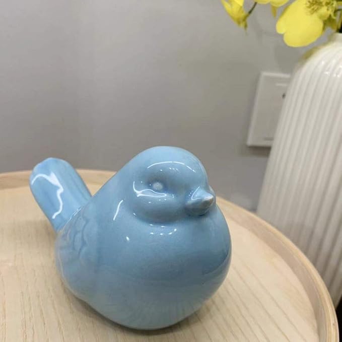 KiaoTime New Blue Glazed Ceramic Bird Figurine, Bird Statue, French Country Garden Cottage Bird Ornaments, Home Decor Accents Collectible Bird Figurine