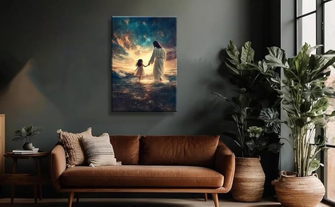 Eysintum Framed Jesus Wall Art Canvas Print Jesus with Girl Christian Faith Poster Inspirational Home Decor for Kids Room Nursery Living Room 24x36in Ready to Hang