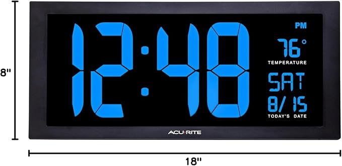 AcuRite 76100M Oversized LED Clock with Indoor Temperature, Date and Fold-Out Stand 18-Inch, Blue