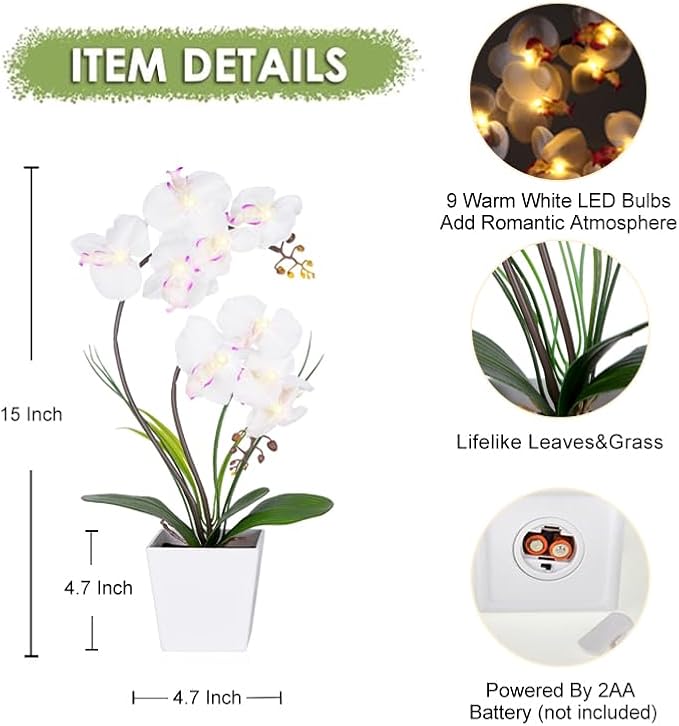 HOMESEASONS Orchid Lamp-LED Lighted Orchid Arrangements,Pre Lit Artificial Orchid,Light Up Flower Lights, Faux Orchid Phalaenopsis Arrangement (White)