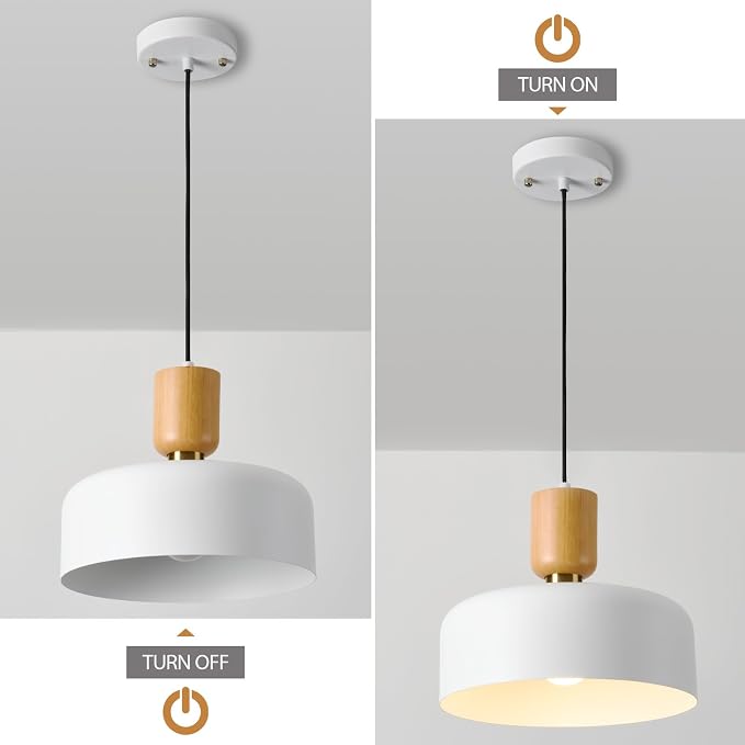 TeHenoo Modern Pendant Light, 12 inch, Matte White | Natural Wood and Brass Accent, Adjustable, For Kitchen Island, For Dining Room