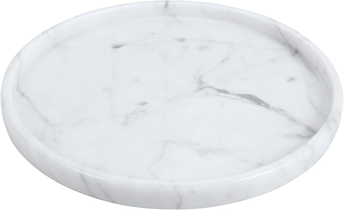 Decorative Round Marble Tray,8 Inches Diameter, Natural White Stone Vanity Organizer