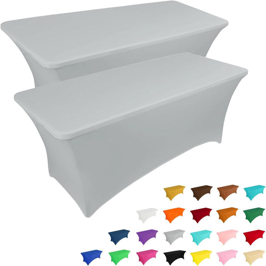 IVAPUPU 2 Pack 8FT Table Cloth for Rectangular Fitted Events Stretch Grey Table Covers Washable Cover Spandex Tablecloth Protector for Party, Wedding, Cocktail, Banquet, Festival