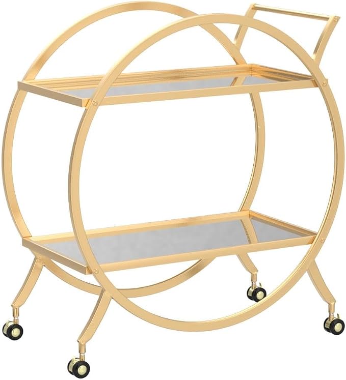 Bar Cart with 2 Mirrored Shelves, Modern Metal Bar Serving Cart, Gold Round Bar Carts for The Home/Kitchen/Club/Living Room, Rolling Wheeled Design (28.34''14.96''30.7'')