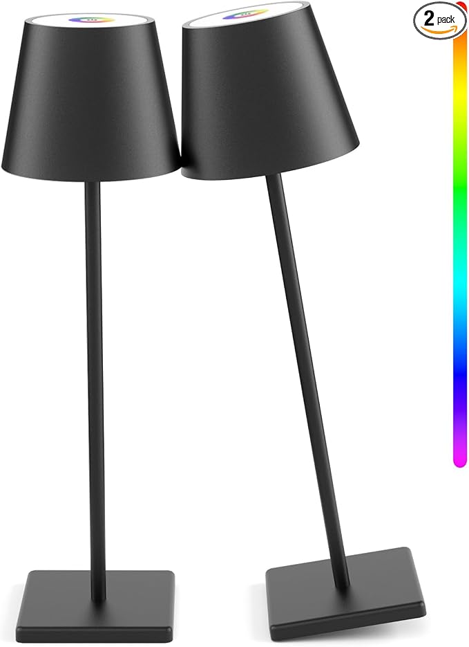 2 Pack LED Cordless Table Lamp with RGB & Stepless Dimming Rechargeable Battery Desk lamp 5000mAh Battery Operated with Modern Portable Table Light for Indoor/Outdoor IP54 Waterproof (Black)