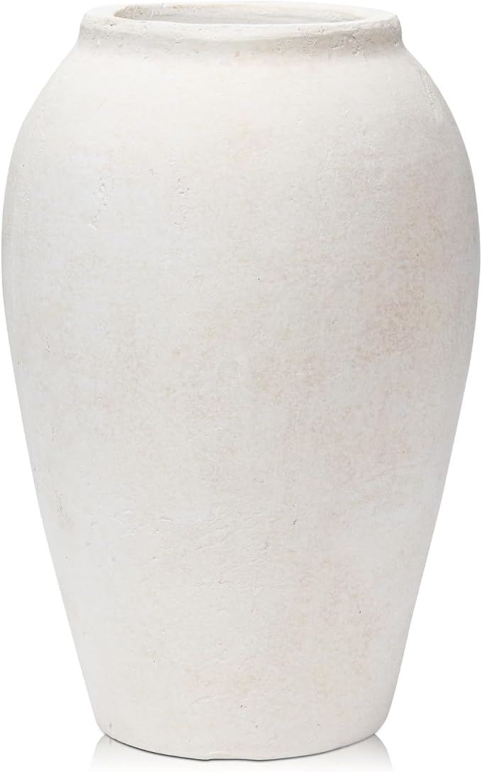 Handcrafted Terracotta Flower Vase, 9.6" Tall, Vintage White Ceramic, Rustic Antique Decor, Wide Mouth, Matte Finish for Home Office Resto Cafe