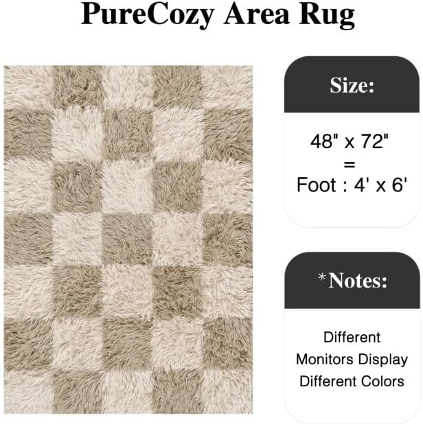 PureCozy Beige 4x6 Area Rugs for Kids Room Soft Shag Checkered Rug Modern Washable Indoor Office Fuzzy Carpet Non-Slip Fluffy Rugs for Bedroom Nursery Dorm Playroom Home Aesthetic Decor