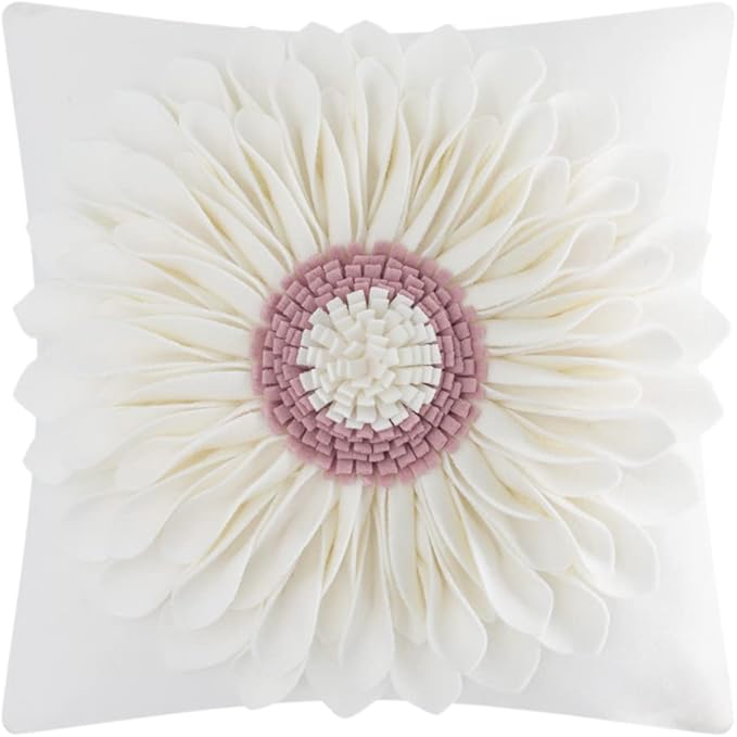 OiseauVoler Decorative 3D Flower Throw Pillow Covers Handmade Cushion Cover Cases for Couch Bed Living Room Farmhouse Home Decor 18 x 18 Inch Cream White