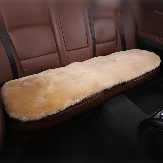 OGLAND Fuzzy Genuine Sheepskin Car Rear Seat Cover for Kids Dogs Pets Auto Bench Back Cushion Interior Accessories with Soft Fluffy Wool Natural Fur, Honey Beige