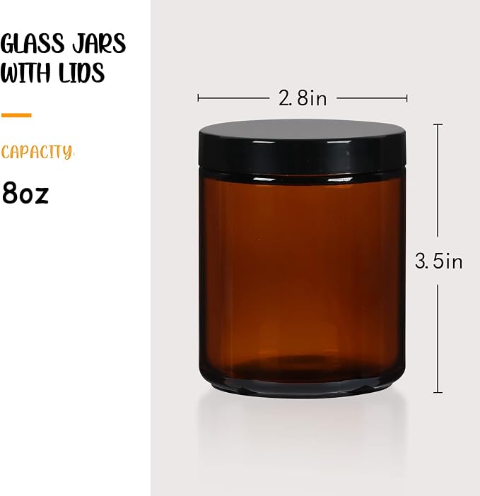 24 Pack 8 oz Amber Glass Jars with Black Lids | Airtight Refillable Containers for Candle Making, Lotions, Body Butter, Creams, Beauty Products & Dry Goods