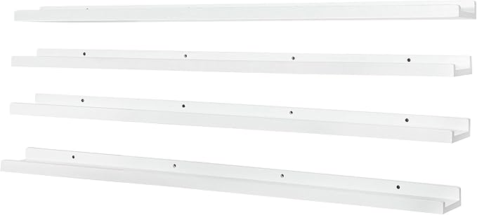 PHOENANCEE Long Floating Shelves for Wall 47 Inch,Real Wood Picture Ledge with Lip Set of 4,Photo Frame Storage Display for Living Room Nursery Bedroom Bathroom Kitchen Home Office Decor (White)
